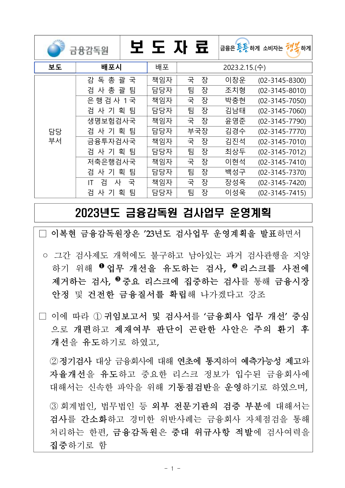 Preview: 230215 (보도자료) 2023년도 금융감독원 검사업무 운영계획.pdf